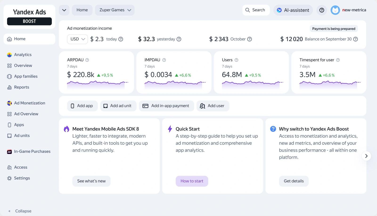 Boost home dashboard with app analytics, monetization income and setup recommendations