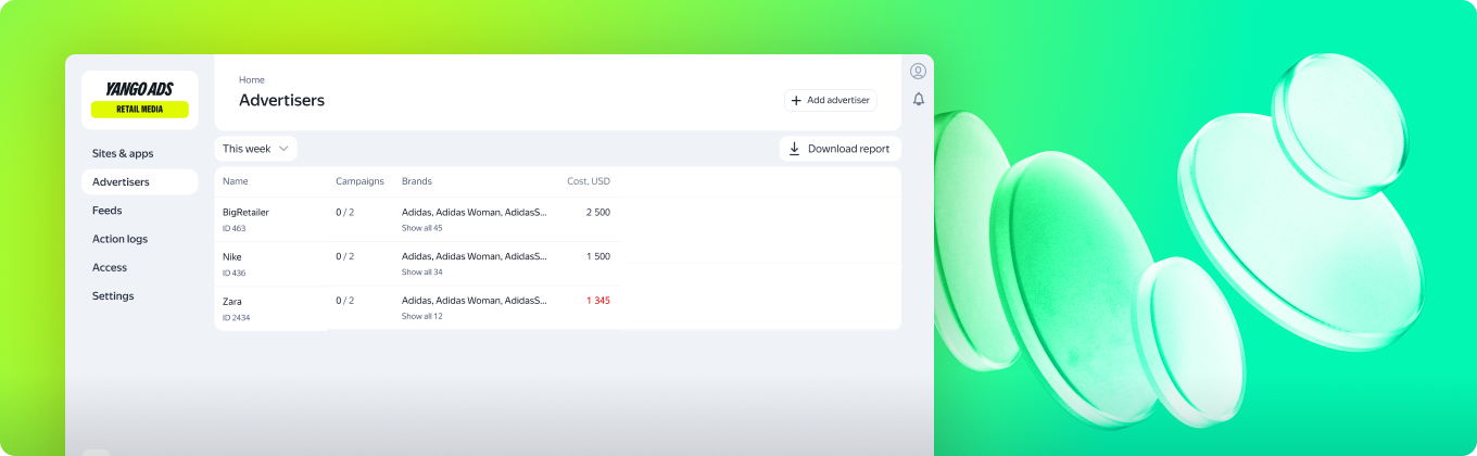Retail Media advertiser dashboard on a green gradient with glass coins